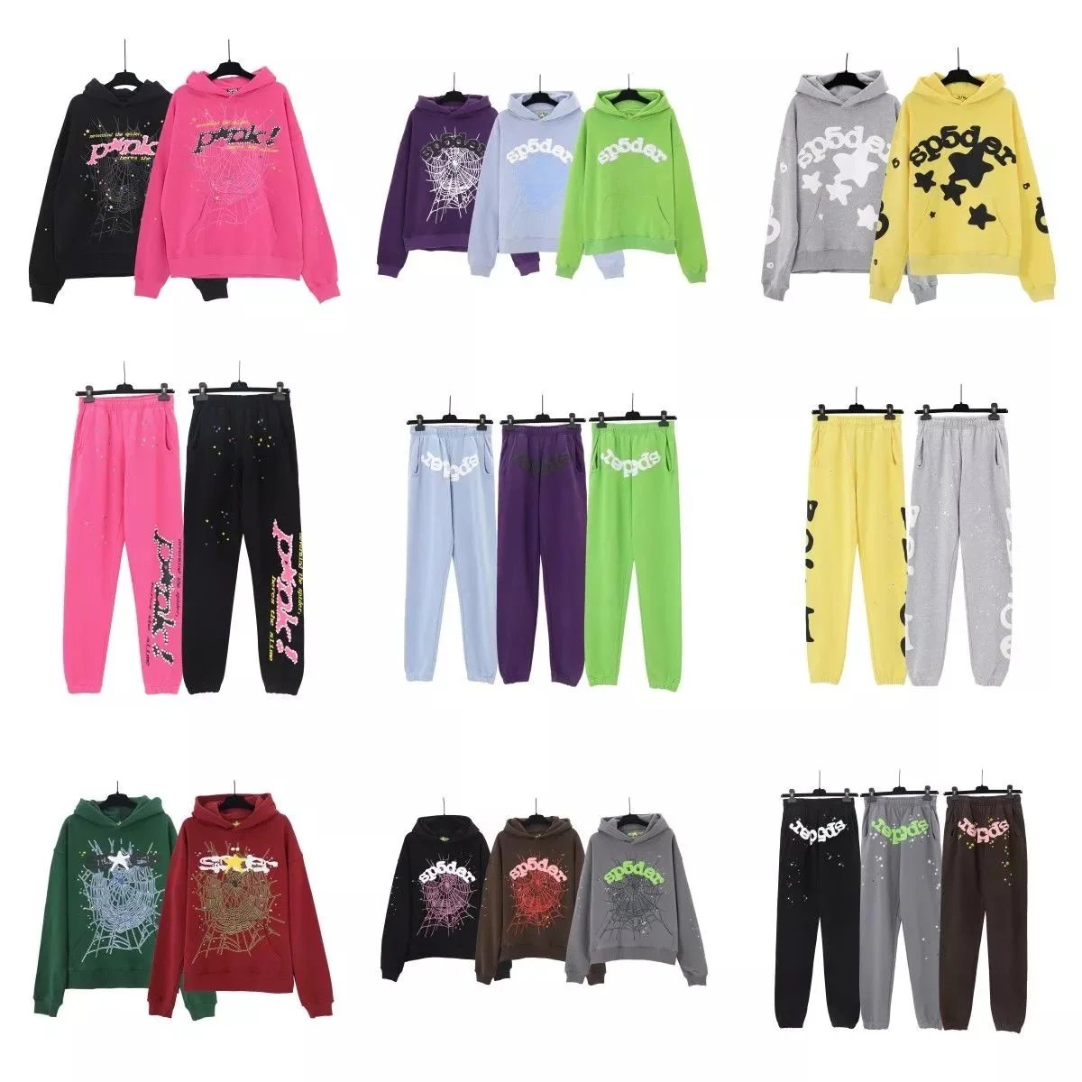 Sp5*der 555 foam printing street men and women loose hooded sweatshirt casual trousers suit